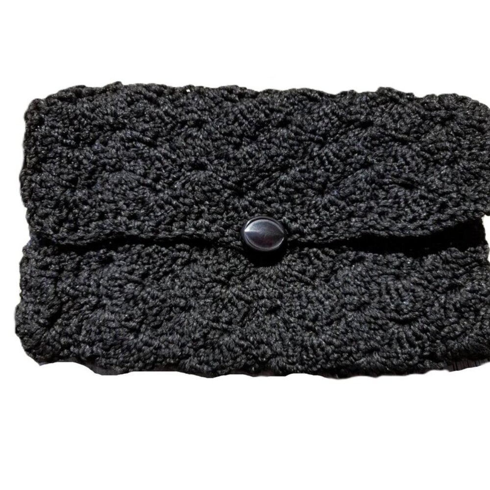 Vintage 60s Black Crocheted Clutch Purse Handmade Pouch Acrylic Phentex - Picture 14 of 15